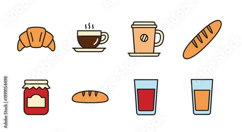 A delightful and charming vector graphic set showcasing various breakfast essentials and beverages, including a croissant, coffee cup, take-away coffee, baguette, jam, round bread, juice gla