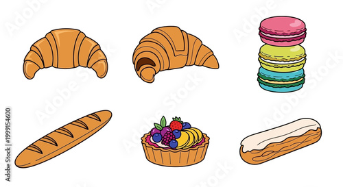 Set of French Pastries and Bakery Icons Isolated on White