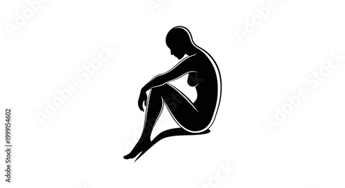 Minimalist vector illustration of a seated person staring blankly with a black silhouette, conveying sadness against a clean white background, created with simple lines and a contemplative
