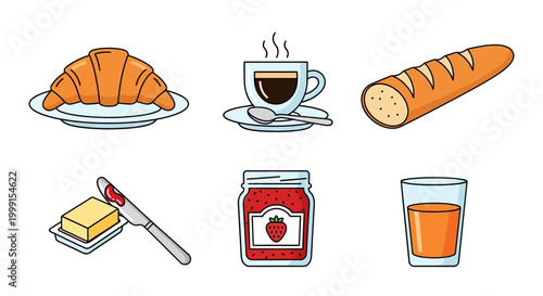 A vector illustration of a delightful continental breakfast, featuring a buttery croissant on a plate, hot coffee, a crusty baguette, butter with a knife, strawberry jam, and a glass of oran