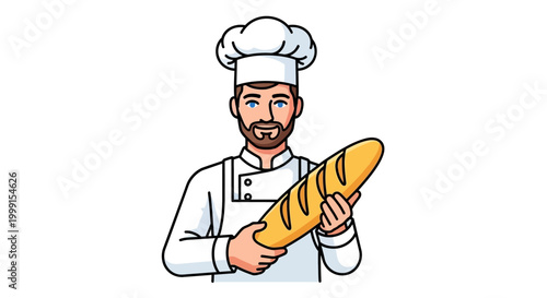 A proud and skilled baker, with a neatly trimmed beard, holds up a freshly baked, golden-brown baguette from his bakery, showcasing his skills in a clean, cartoon style, ideal for food-relat
