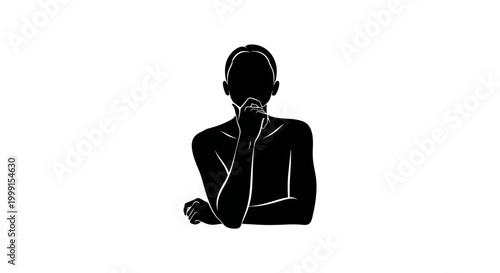 A minimalist vector art illustration features a black silhouette of a human character in a thoughtful pose, set against a clean white background, creating a simple yet impactful icon design