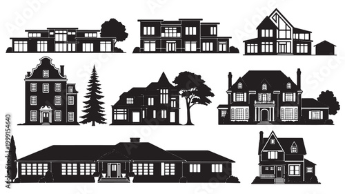 Buildings silhouette vector set with detailed house facades, windows, roofs, and tree elements in monochrome style featuring facade, roof, chimney