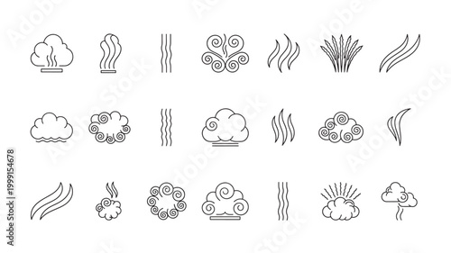 Smoke icon pack with swirling wisps, cloud puffs, and wind-like lines for premium vector and outline designs featuring steam, fog, vapors with mist