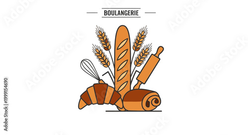 French bakery illustration with baguette croissant and wheat stalks