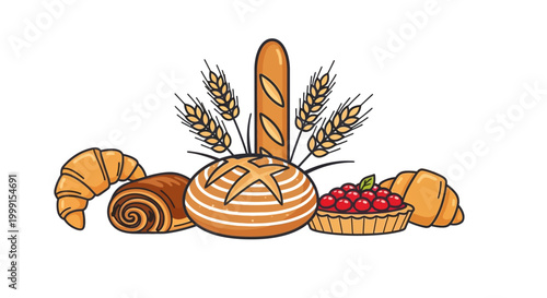 Assorted Bakery Products Illustration with Bread and Pastries