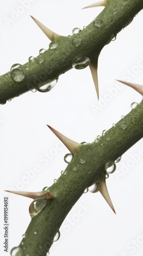 Green thorny stem with water droplets