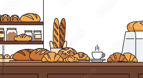Bakery counter illustration with fresh bread croissants and coffee