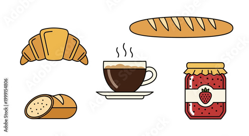 Breakfast Food Illustration Set with Coffee Pastries and Jam