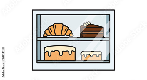 Bakery Display Case with Pastries and Cakes Flat Illustration