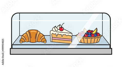 Bakery Display Case with Pastries and Desserts Vector Illustration