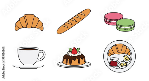 French Bakery and Breakfast Food Illustration Set