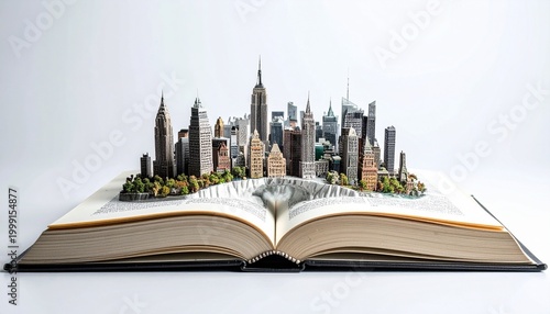 Miniature Cityscape Emerging from Open Book