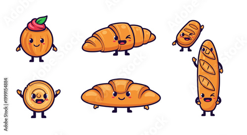 A collection of charming, anthropomorphic baked goods, featuring a swirl bun, crescent croissant, baguette, and other adorable bread characters with emotive expressions, in a cute, cartoonis