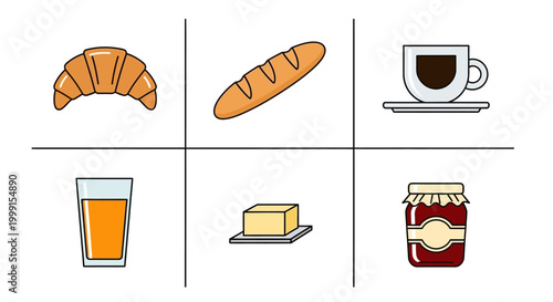 Continental breakfast icons set with croissant coffee and baguette
