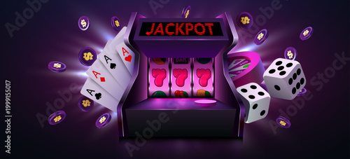 Casino jackpot slot machine with cards and dice, money and chips on a dark glowing background. Vector illustration