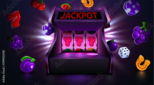Casino slot machine with jackpot and falling symbols. Gaming concept with winning seven and fruit. Vector illustration