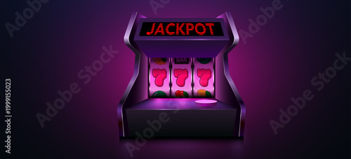 Neon slot machine with glowing jackpot sign and lucky seven symbols. Gambling casino game Vector illustration.