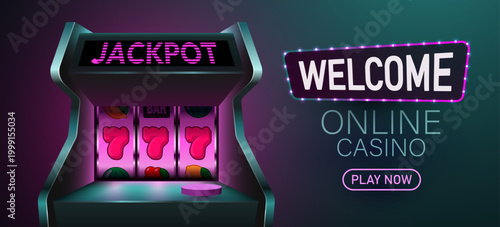 Online casino slot machine with jackpot and welcome text for gambling promotion. Vector illustration.