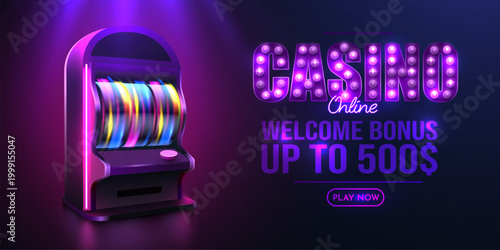 Neon casino slot machine with online welcome bonus offer. Glowing purple gambling banner. Vector illustration