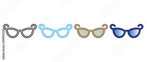 set of five colorful cat eye sunglasses isolated on white background