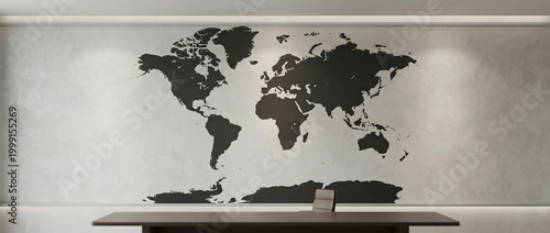 Minimalist Corporate Boardroom Interior with Large Black World Map Mural on Textured Grey Wall