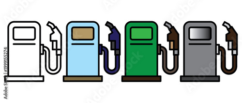 flat design fuel pumps at gas station with colorful nozzles isolated on white