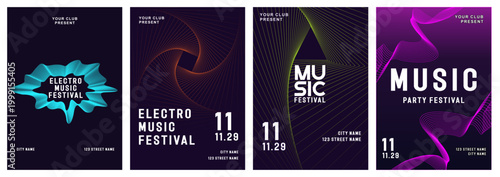 Music poster design background vector set. Electro Sound Cover template with vibrant abstract gradient geometric shape and line wave. Ideal design for social media, flyer, party, music festival, club.