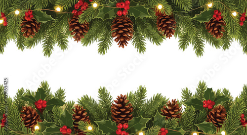 Christmas greenery with pine cones and lights