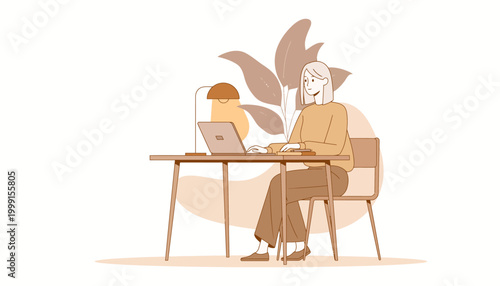 Productive young woman focused on her laptop at a minimalist desk, embodying remote work and digital professionalism in a modern office or home setting