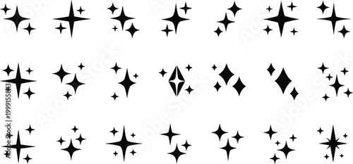 Black Four Pointed Sparkle Star Glitter Shine Icon Mega Collection with Various Sizes and Cluster Styles Vector Set