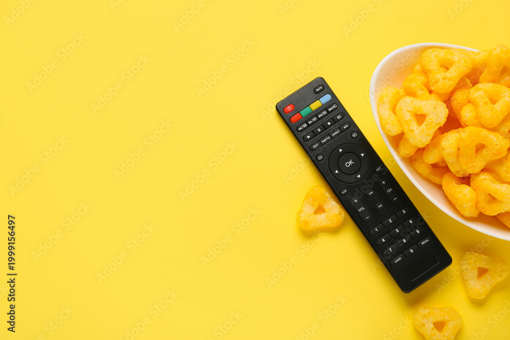 Fototapeta premium Modern TV remote control with bowl of puffed corn triangles on yellow background