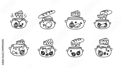 Fondue pot with cheese and bread icons for culinary concepts