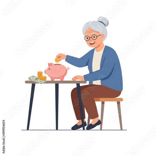 elderly woman saving money in piggy bank retirement savings finance concept illustration