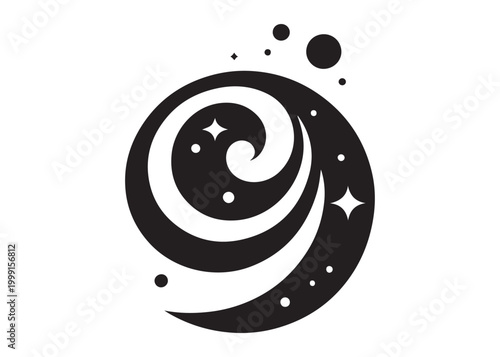 galaxy logo silhouette vector, sparkling galaxy logo silhouette vector illustration, celestial swirl logo silhouette, astronomical sparkle logo silhouette design on white background