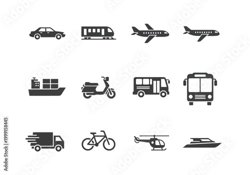 Set of vector icons depicting various modes of public transportation and vehicles, including cars, trains, planes, ships, scooters, buses, trucks, bicycles, helicopters, and boats