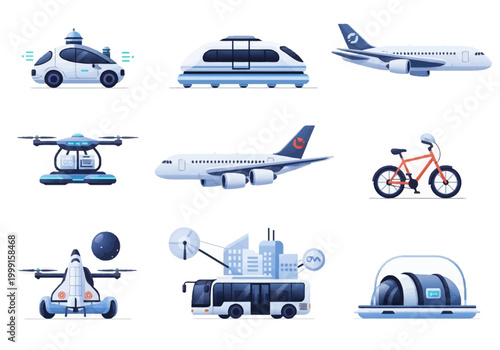 Innovative vector illustrations of futuristic public transportation and autonomous vehicles