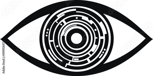 Futuristic digital eye icon with technology circuit pattern