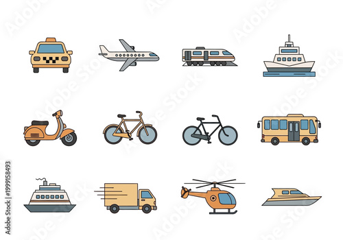 A collection of vector graphics illustrating various modes of public and private transportation, including cars, buses, trains, planes, and boats