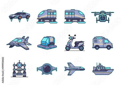 Vector illustrations of futuristic and modern public transportation vehicles and drones for travel and logistics