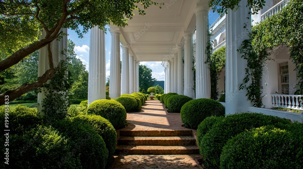 Obraz premium hedges. Grand architectural entrance with columns and hedges, exuding elegance under a clear sky. real-estate listings.