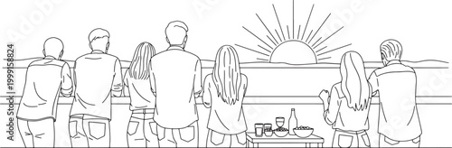 group of people enjoying sunset view at outdoor terrace with drinks