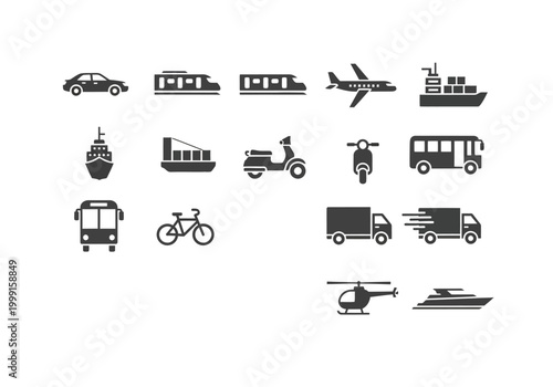 A collection of vector icons representing various modes of public transportation and vehicles