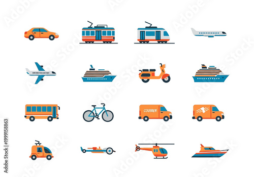 Vector illustrations of various public transport vehicles and modes of travel, including cars, buses, trains, airplanes, boats, and bicycles