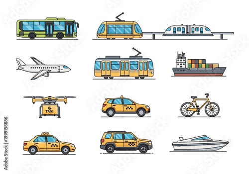 Vector illustration of various public transportation vehicles and modes of travel, showcasing diverse options for urban mobility and leisure activities