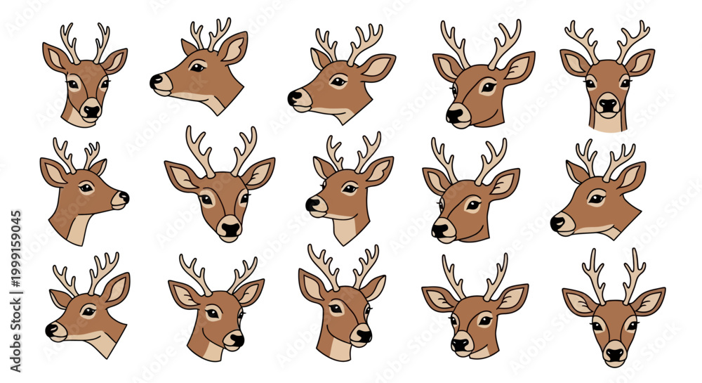 Fototapeta premium Deer head vector set, 15 buck deer icons with antlers, brown stag head illustrations for hunting and nature design, wild animal mascot collection