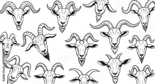 Goat head vector collection, hand drawn farm animal sketches with horns, black and white goat portraits set for logo design and rustic branding