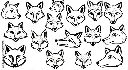 Fox head line art collection, 16 minimalist fox face vector icons, black and white animal mascot illustrations for logo design and branding