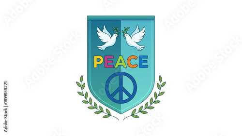 Peace emblem featuring doves and a peace symbol in blue  