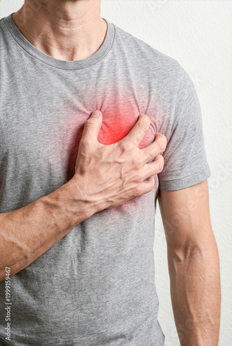 Close up of a man clutching his chest in pain, heart attack or acid reflux symptom concept.